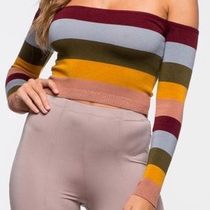 (S) OFF SHOULDER STRIPS KNIT TOP